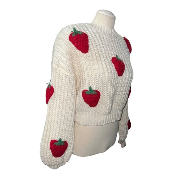 Strawberry Knit Patterned Sweater  Cropped Design  One Size fits Appx Small - XL - Picture 10 of 11